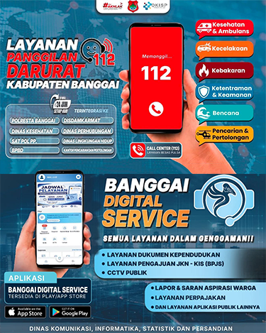 Darurat? Ingat 112! Layanan panggilan darurat Kabupaten Banggai, 24 jam untuk berbagai kebutuhan masyarakat. Yuk, download Aplikasi Banggai Digital Service!